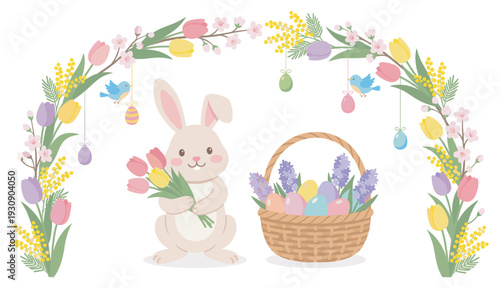 Adorable Easter bunny holds a bouquet of tulips next to a basket filled with colorful eggs and spring flowers, all framed by a beautiful floral arch.