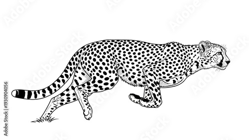 Black and white illustration of a cheetah running at full speed.