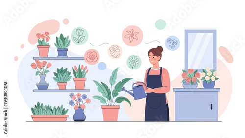 Friendly florist watering plants in a bright flower shop illustration