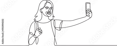 Continuous one  line drawing girl female tourists selfie phone device. one line Icon drawing