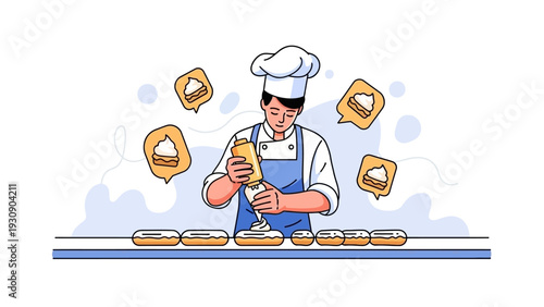 Professional pastry chef decorating sweet desserts on a bakery production line.