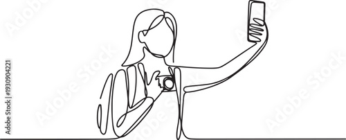 Continuous one  line drawing girl female tourists selfie phone device. one line Icon drawing