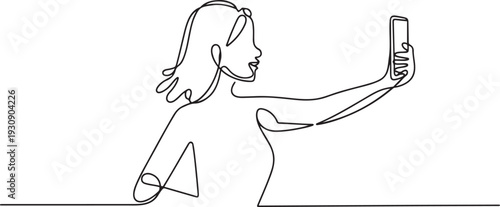 Continuous one  line drawing girl female tourists selfie phone device. one line Icon drawing