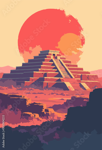 ancient Mesopotamian Ziggurat, its stepped terraces drawn relentless, repetitive horizontal lines Industrial brutal giant red sun sits heavily behind it Blank space top