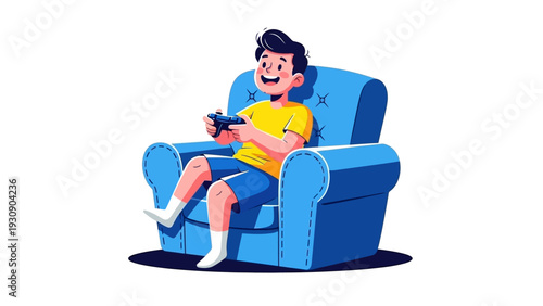 Happy boy playing video games in a blue armchair.