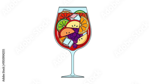 Illustration of a glass filled with a fruity sangria cocktail and ice