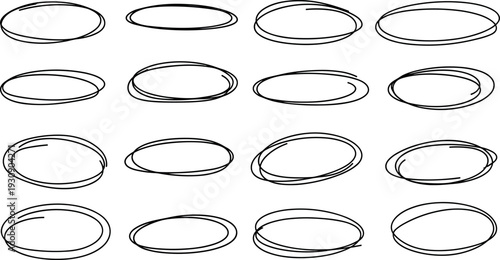 Hand Drawn Oval Circle Scribble Frame Icon Set with Rough Sketchy Outline Shapes for Highlights, Emphasis, Annotations, and Creative Design Use