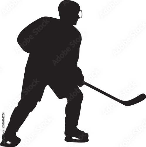 Black silhouette of a hockey player in action holding a stick and wearing a helmet and skates on a white background also transparent background
