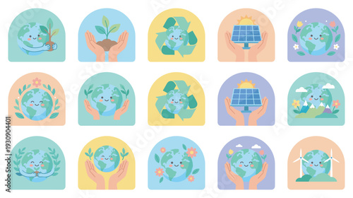Happy Earth planet characters illustrate various environmental protection and ecological conservation concepts for a sustainable future.