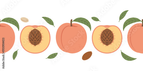 A charming flat minimalist illustration featuring a border of ripe peaches, their halves revealing intricate seeds and vibrant green leaves, evoking a sense of natural abundance and sweet summer fruit