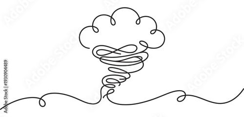 Abstract continuous line drawing illustrating a complex thought process or problem-solving journey with swirling confusion.