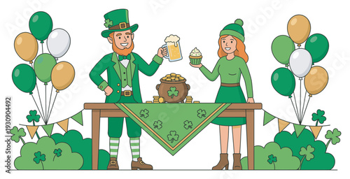 Leprechaun man and woman celebrate St. Patrick's Day with festive drinks, a pot of gold, and shamrock decorations at a lively party.