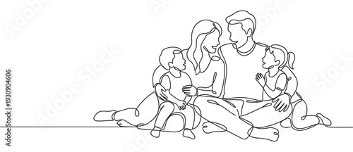 Happy family continuous line drawing illustration portrays parents and their two children sharing a moment of love and connection.
