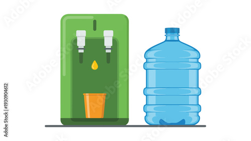 A flat, minimalist illustration of a green water cooler with a cup and a large blue water bottle next to it, on a gray surface