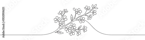 Minimalist continuous line art floral branch with delicate blossoms and leaves in a flowing design, perfect for elegant decor.