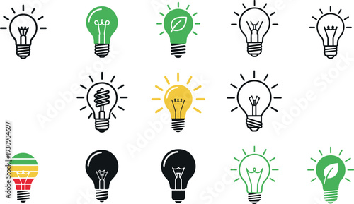 Light Bulb Icon Vector Set with Idea, Creativity, Innovation, Energy, and Inspiration Symbols in Outline, Filled, and Color Styles