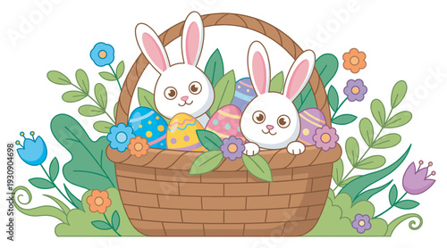 Two adorable cartoon bunnies peek happily from an Easter basket filled with vibrant decorated eggs and blooming spring flowers.
