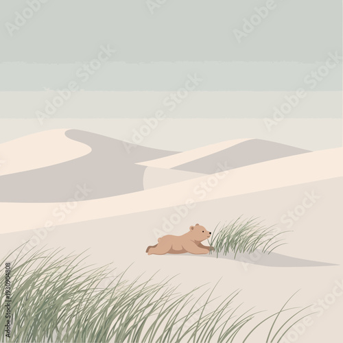 Serene Desert Dune Landscape With A Cute Bear Cub