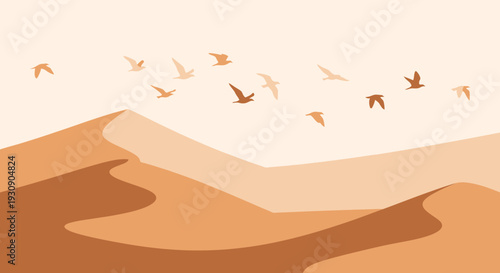 Serene Desert Dunes Under a Sky Filled with Soaring Birds