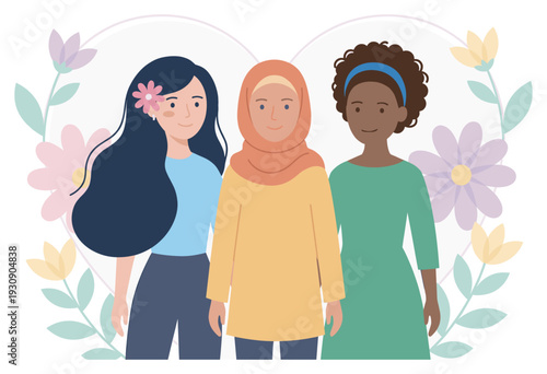 Three diverse women standing together smiling happily in a beautiful floral heart illustration representing global female unity and friendship.