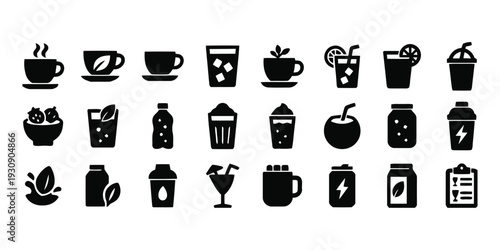 Assortment of black beverage icons including coffee cups and takeaway drinks on white