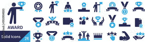 Award and achievement icons for success and recognition, medals and trophies