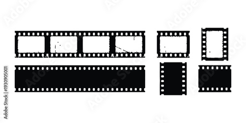 Black and white film strips with sprocket holes and damaged frames for retro design