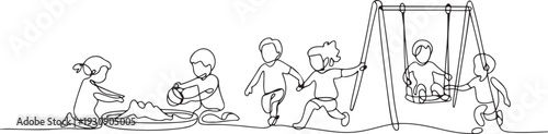 Continuous one single line drawn little children playing in the street in the children's games. Kids playing in the sandbox park. one line Icon drawing