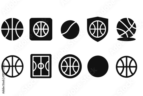 Basketball and court icons set for sports game equipment and playing field elements