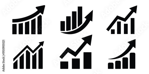 Black chart growth icons representing positive business and finance performance trends upward arrow