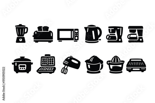 Black icons of kitchen appliances like blender, toaster, microwave, kettle, coffee maker, and juicer