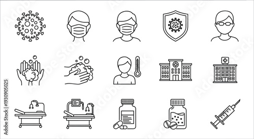 Medical Line Icon Set with Healthcare Hospital Virus Protection Vaccine Syringe and Hygiene Symbols for Health Apps Websites and Infographic Designs