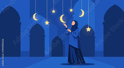 Serene Islamic Woman Gazing At Crescent Moon and Stars Decorations