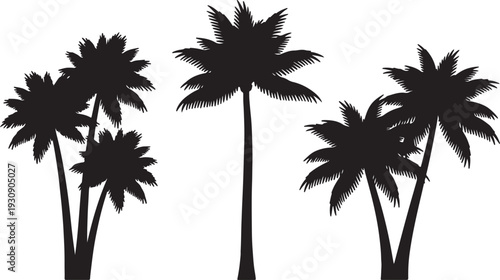 Black silhouette of five palm trees against a white background also transparent background tropical
