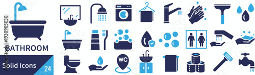 Bathroom solid icons pack with plumbing fixtures, hygiene elements, and cleaning activities