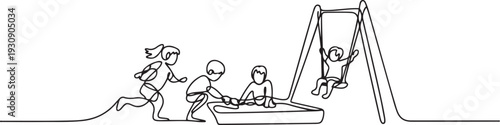 Continuous one single line drawn little children playing in the street in the children's games. Kids playing in the sandbox park. one line Icon drawing