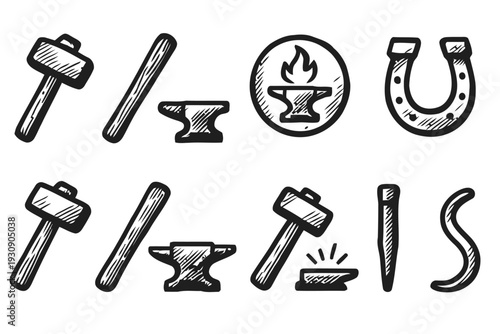 Blacksmith tools and horseshoe hammer anvil set isolated icons