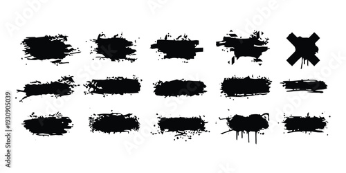 Black ink brush stroke splatters and stains grunge texture elements