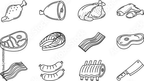 Meat and Poultry Line Icon Set with Chicken Beef Pork Sausage Bacon and Butcher Knife Symbols for Food Menus Packaging and Culinary Designs