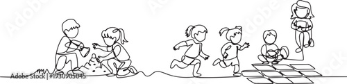 Continuous one single line drawn little children playing in the street in the children's games. Kids playing in the sandbox park. one line Icon drawing