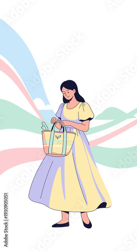 Serene Lady Holding Market Basket Evokes Gentle Summer Day