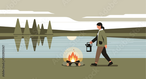 Serene Lakeside Campfire Scene With Woman And Lantern
