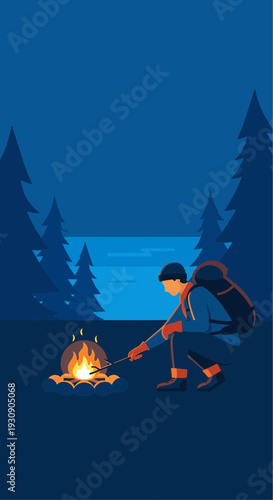 Serene Nighttime Camping Scene With A Solitary Figure By A Crackling Campfire Under Starry Skies