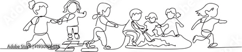 Continuous one single line drawn little children playing in the street in the children's games. Kids playing in the sandbox park. one line Icon drawing