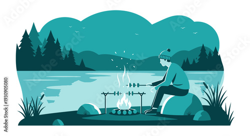 Serene Lakeside Campfire Scene With Person Roasting Food