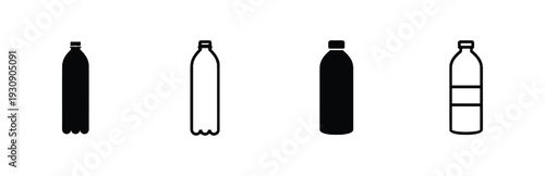 Bottle icons set plastic water drinks liquid container filled empty different shapes and styles