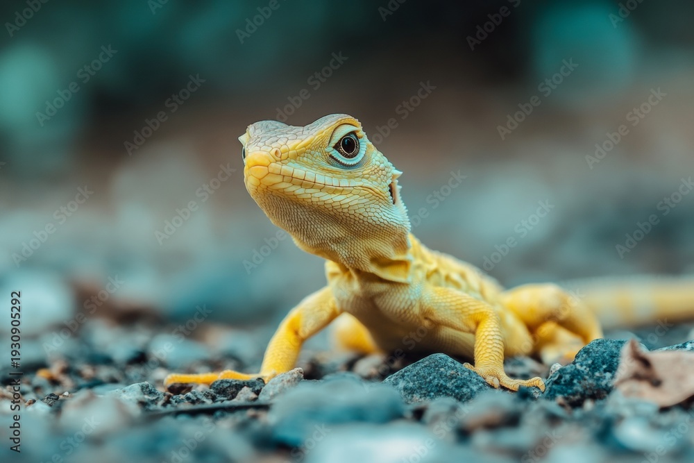 Fototapeta premium A small lizard stands attentively on a rock covered with moss.