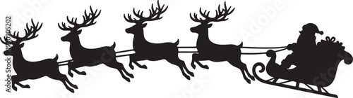 Black silhouette of santa claus in a sleigh pulled by five reindeer in mid-air against a white background also transparent background