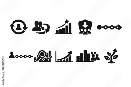 Business growth and progress icons showing teamwork and strategic development