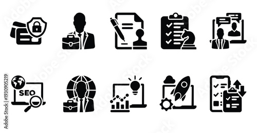 Business and finance icons collection with security professional agreement SEO and startup rocket symbols